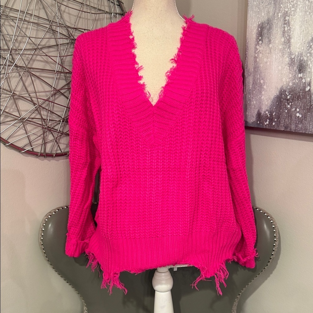 Main Strip Hot Pink V-Neck Sweater